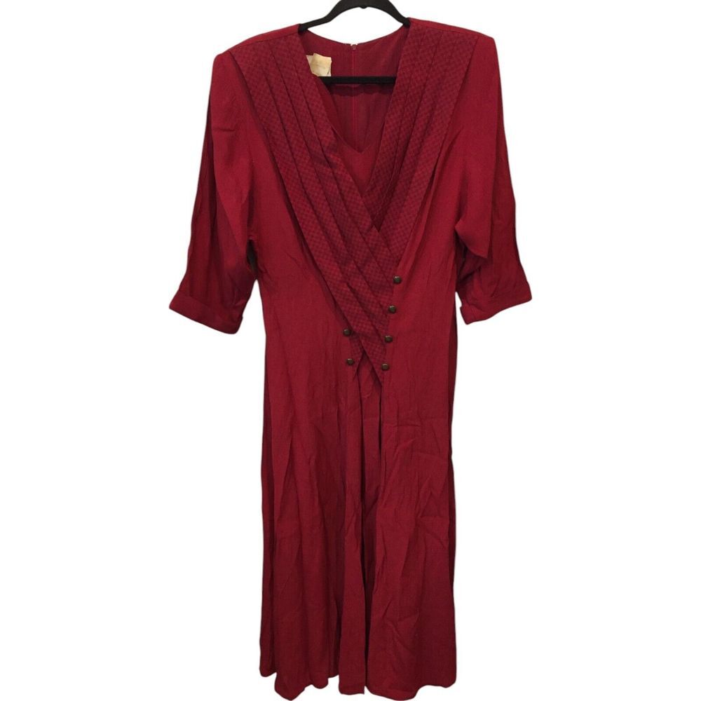 Nina Piccalino Maxi Dress Red Womens Size 10 Tie Back 3/4 Sleeve Pleated V Neck